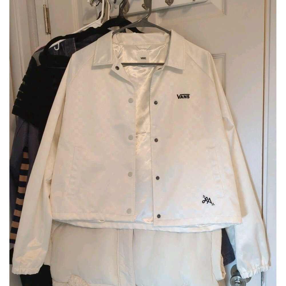 Vans Jacket Women's Size M White Check Satin Snap Buttons Skater Crop